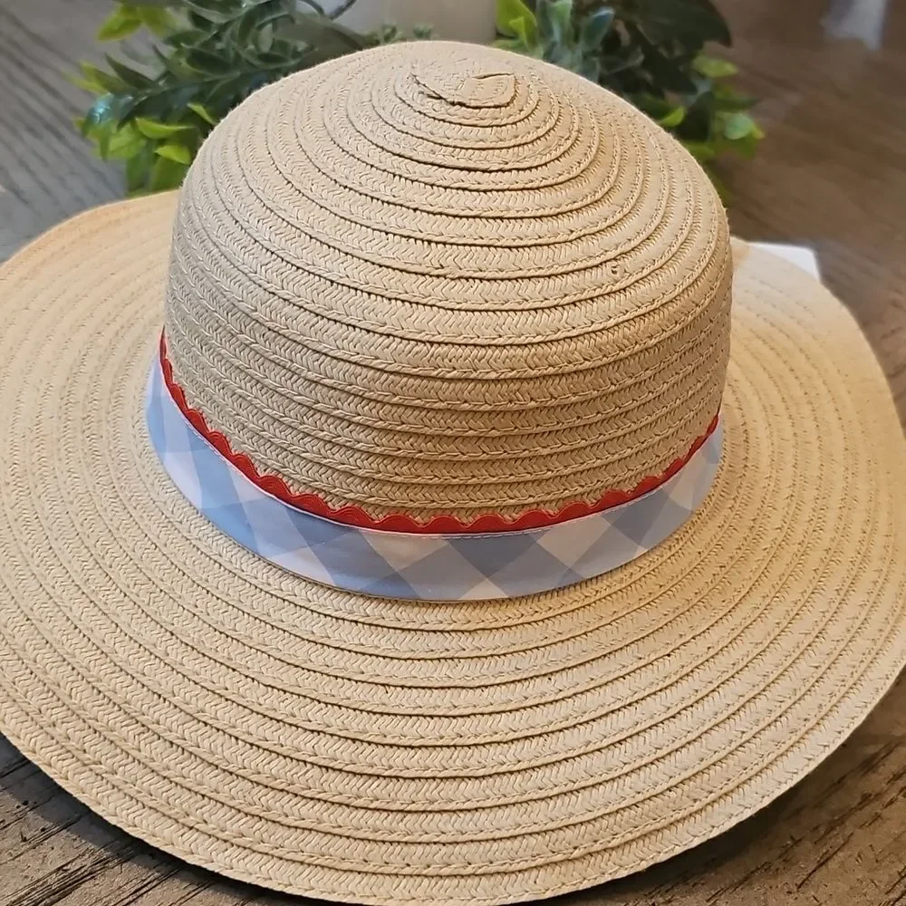 Straw Sun Hat with Blue Gingham Bow Girls OSFA